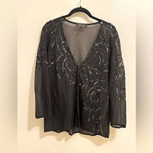 ESCADA | Sequined and Beaded V-Neck Black Party Sweater Button Closures | XL